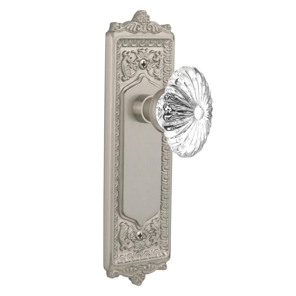 Nostalgic Warehouse EADOFC Passage Knob Egg and Dart Plate with Oval Fluted Crystal Knob without Keyhole in Satin Nickel
